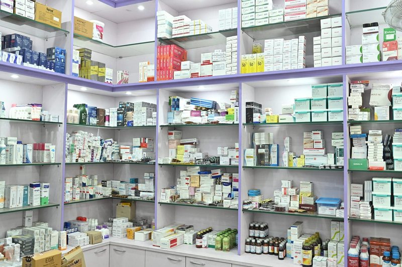 Pharmacy shelving at Uttarbanga Clinic, Cooch Behar, in an earlier year