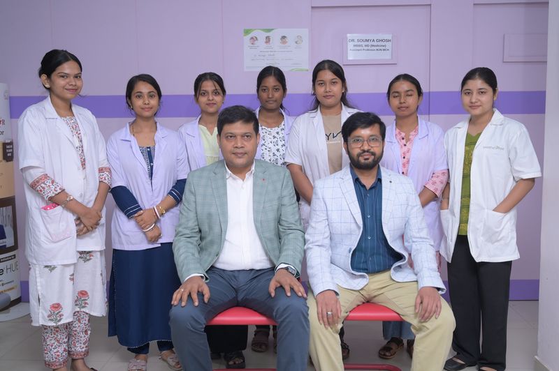 Dr Soumya Ghosh with the clinical and pharmacy team at Uttarbanga Clinic, Cooch Behar