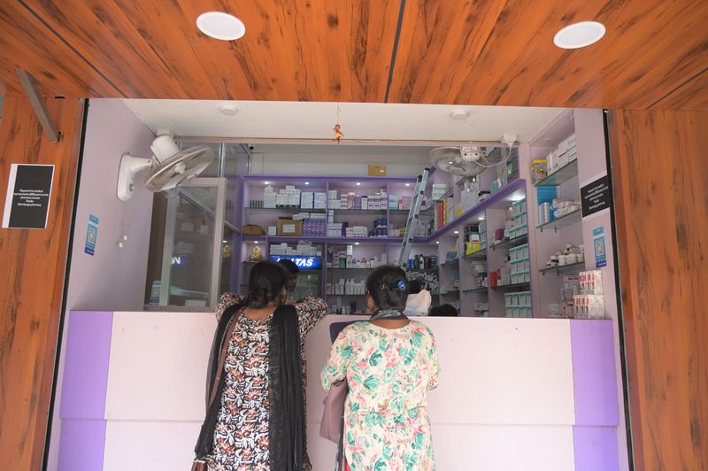 Pharmacy counter on the ground floor of Uttarbanga Clinic, Cooch Behar